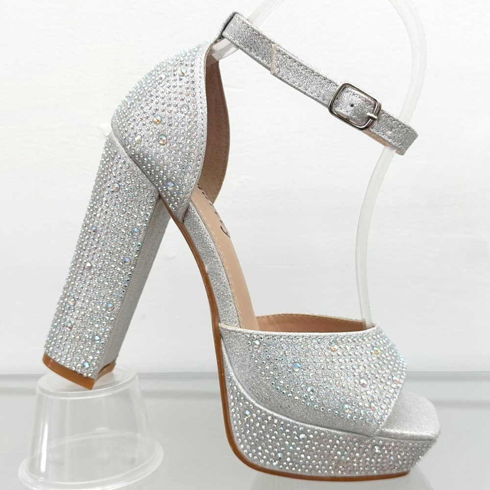 Silver Rhinestones Open Toe Platform Heels - Picture 3 of 4